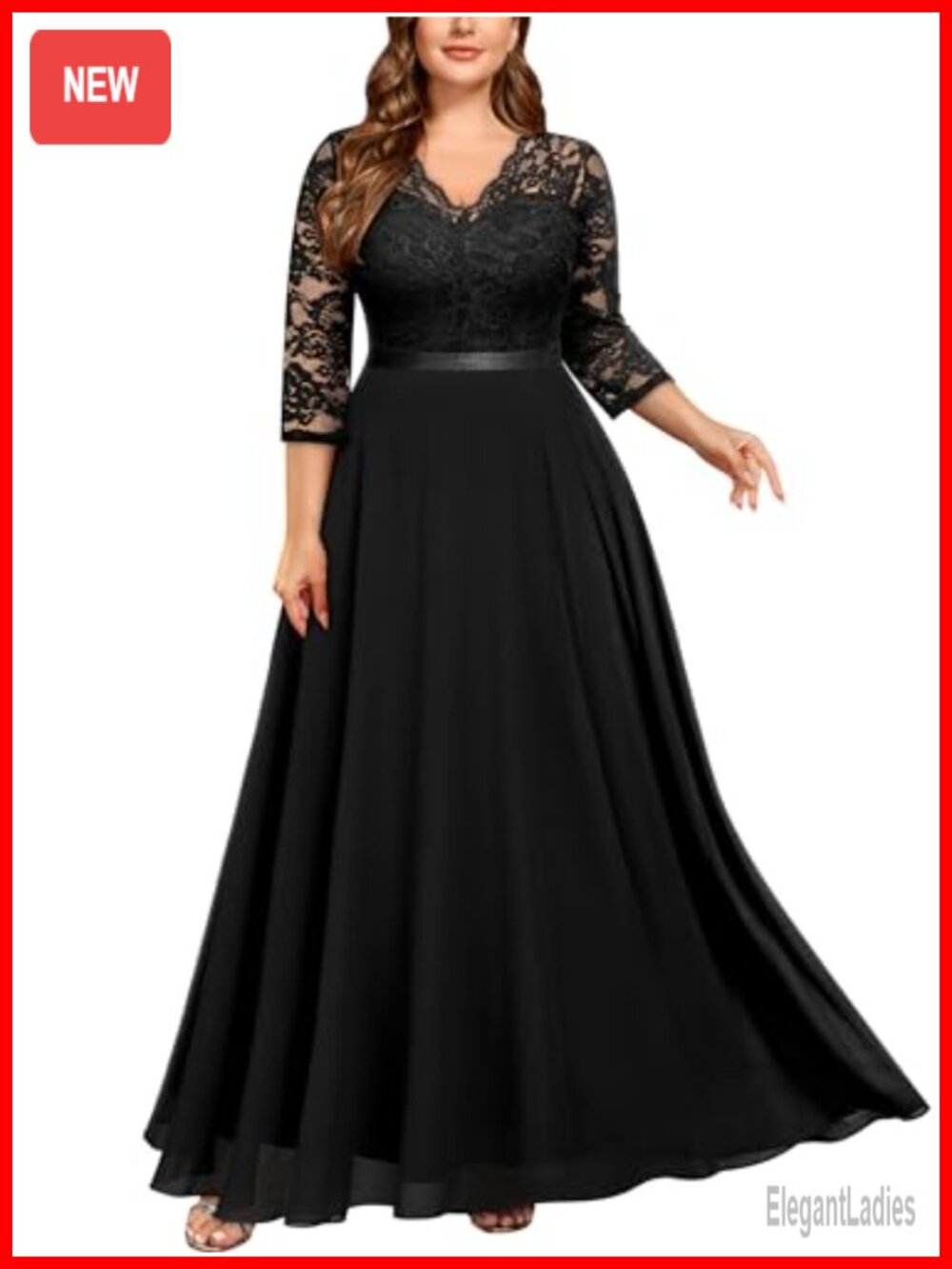 Miusol Formal Floral Lace V Neck 3/4 Sleeve A-Line Plus Size Maxi Dress